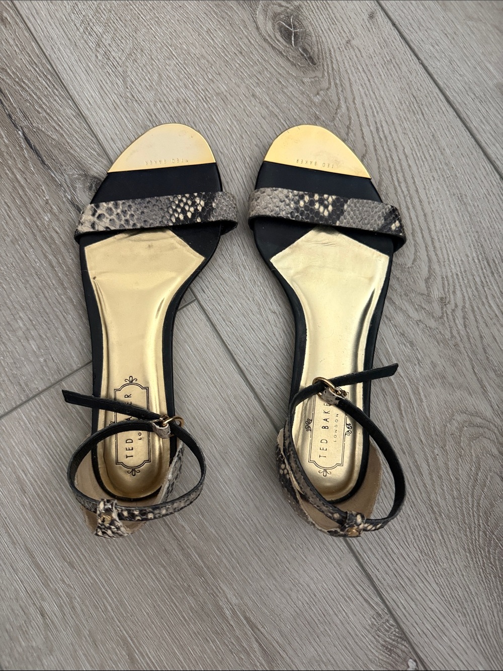 Ted Baker Black, Gold & Snake-Print Ankle-Strap Flat Sandals